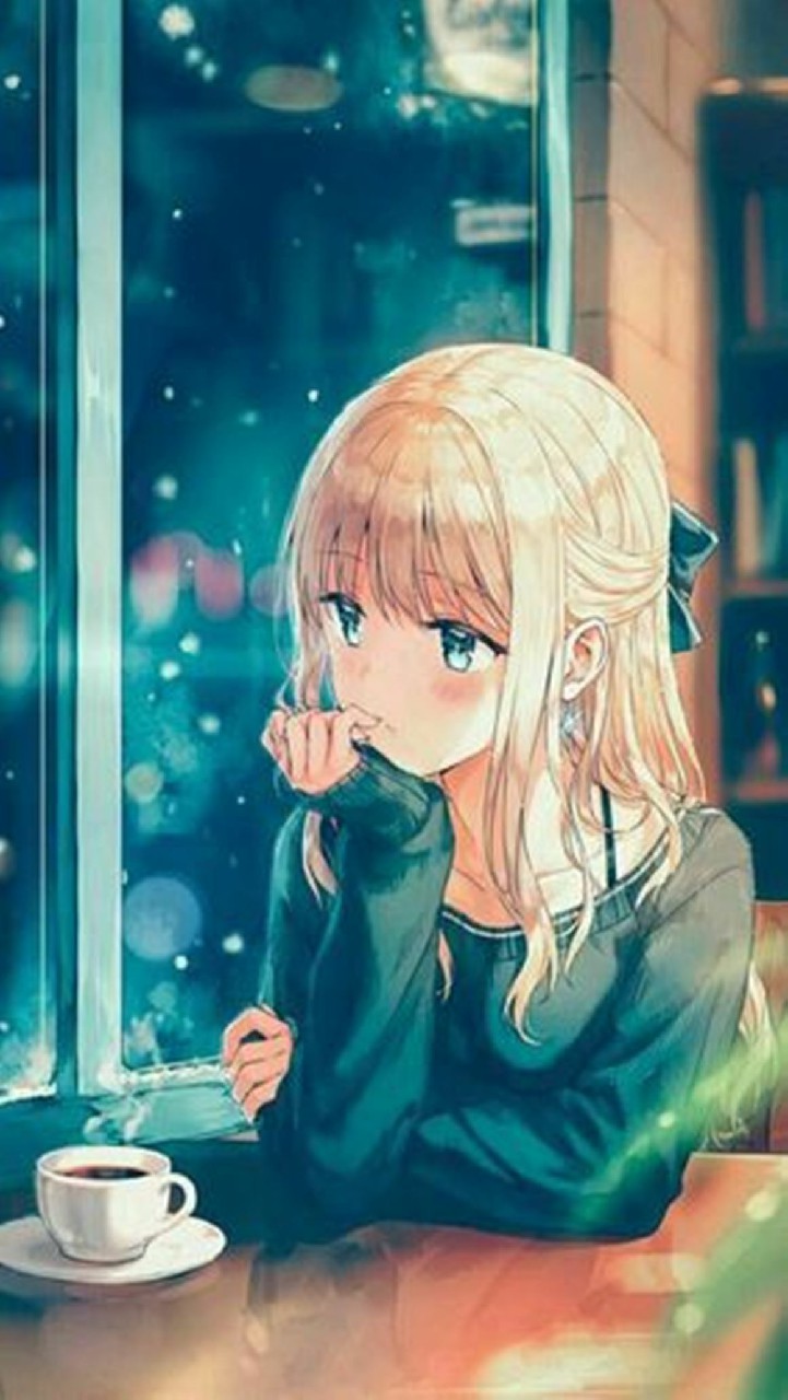 Hình Ảnh Anime Nữ Đang Ngồi Cô Đơn Trong Quán Cafe.